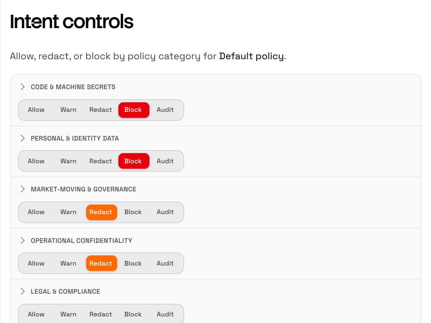 Airentect intent controls with Allow, Redact and Block